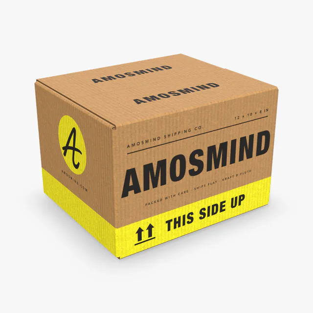 Shipping box mockup with AmosMind artwork