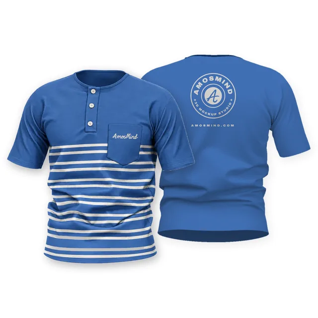 Short-sleeve pocket Henley mockup shown front and back with AmosMind artwork
