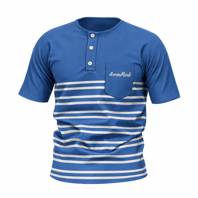 Short-sleeve pocket Henley mockup with AmosMind artwork