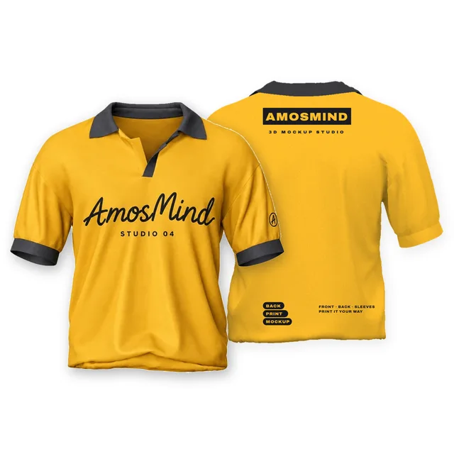 Short-sleeve polo shirt mockup shown front and back with AmosMind artwork