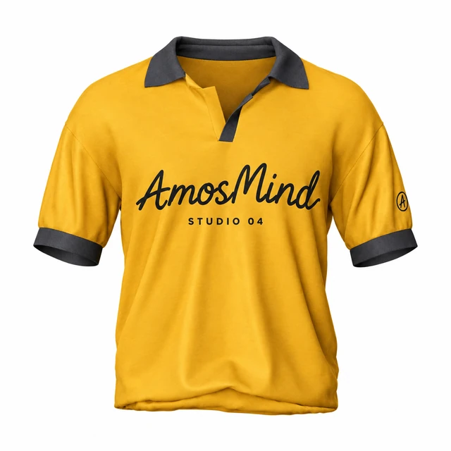 Short-sleeve polo shirt mockup with AmosMind artwork
