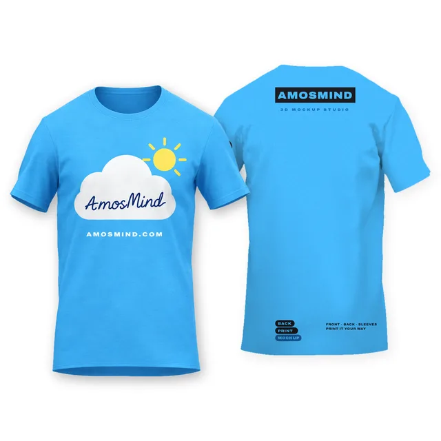 Shoulder-panel T-shirt mockup shown front and back with AmosMind artwork