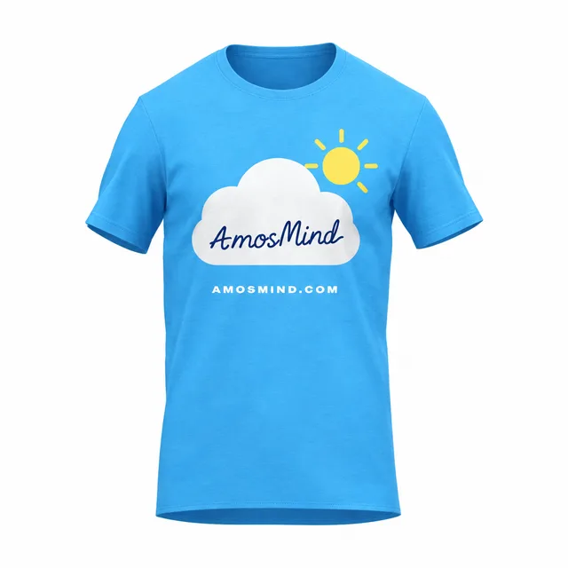 Shoulder-panel T-shirt mockup with AmosMind artwork