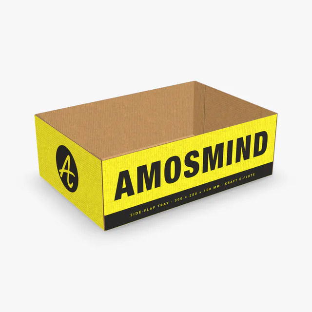 Side-flap tray box mockup with AmosMind artwork