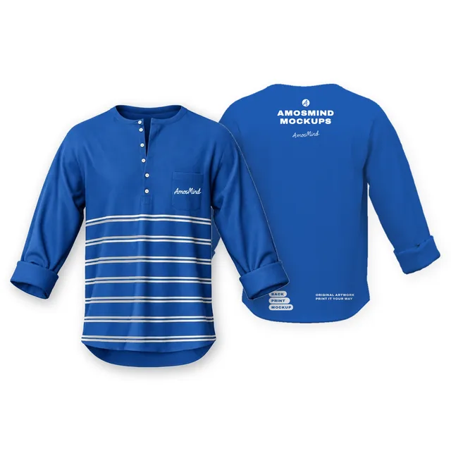 Six-button pocket Henley with rolled sleeves mockup shown front and back with AmosMind artwork