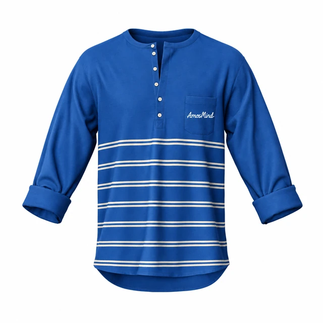 Six-button pocket Henley with rolled sleeves mockup with AmosMind artwork