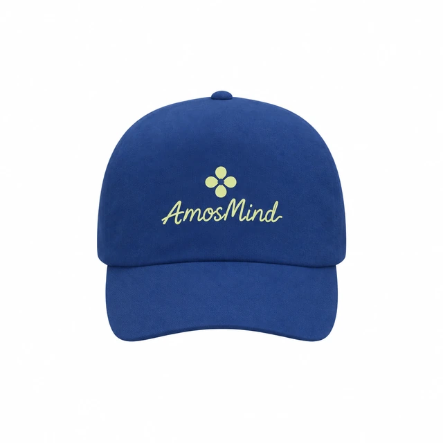 Six-panel baseball cap mockup with AmosMind artwork