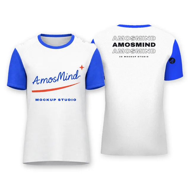 Slim raglan T-shirt mockup shown front and back with AmosMind artwork