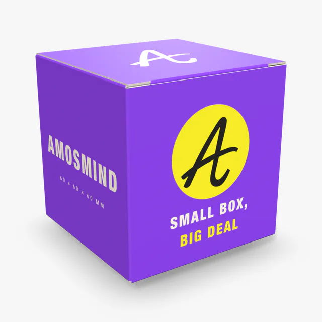 Small square box mockup with AmosMind artwork