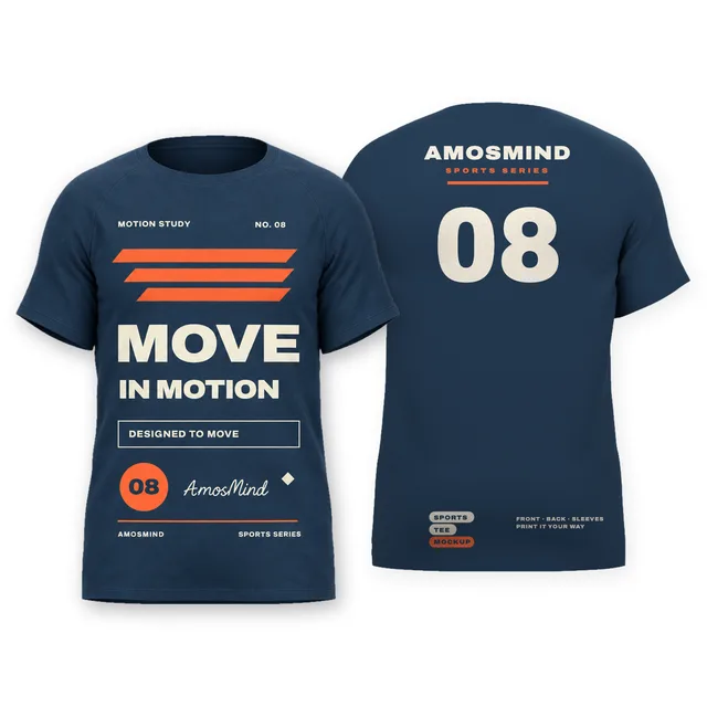 Sports T-shirt mockup shown front and back with AmosMind artwork