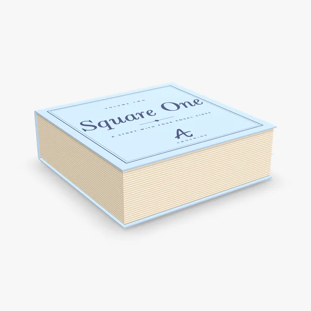 Square book-style box mockup with AmosMind artwork