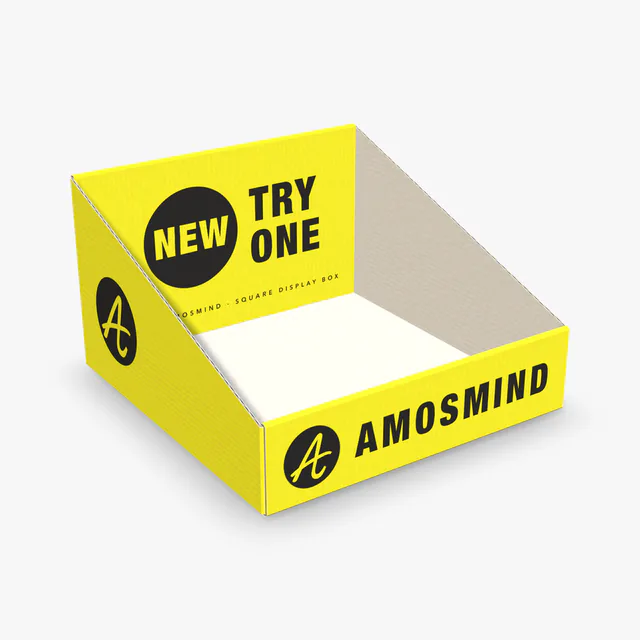 Square display box mockup with AmosMind artwork