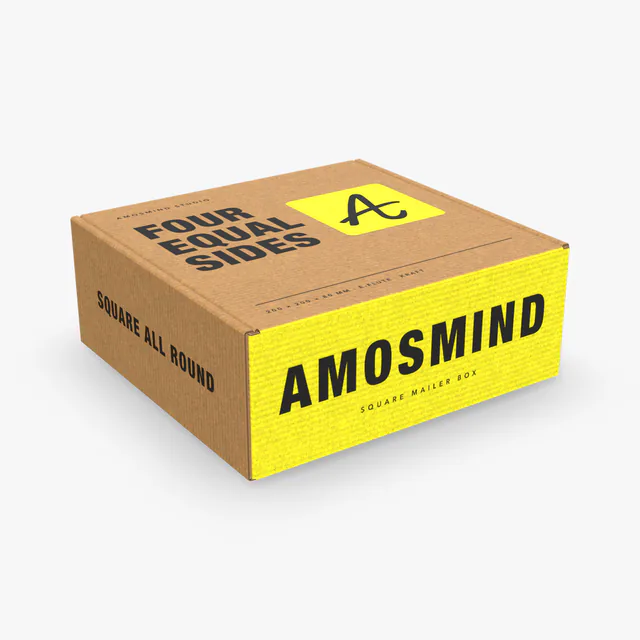 Square mailer box mockup with AmosMind artwork