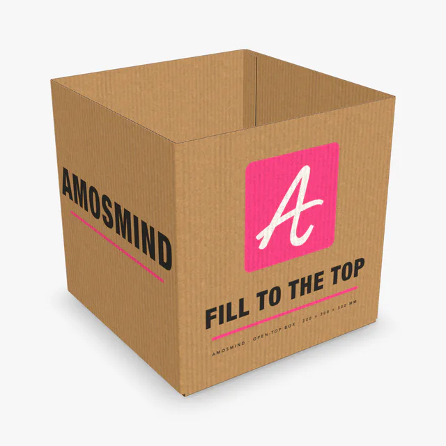 Square open-top box mockup with AmosMind artwork
