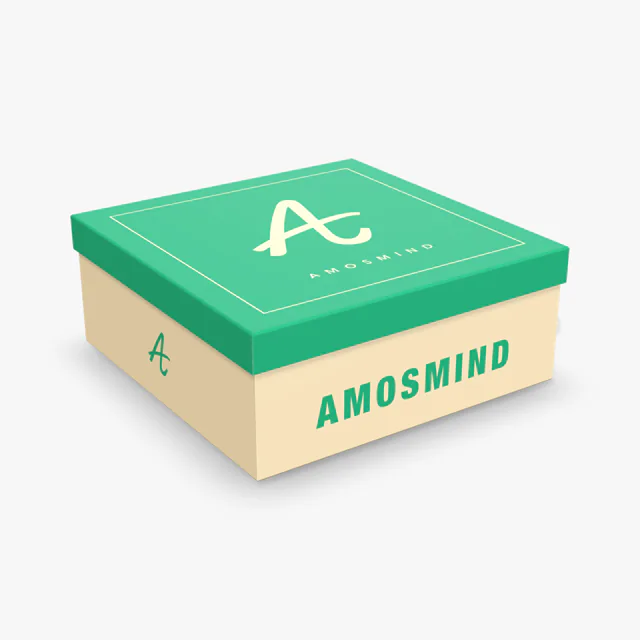 Square rigid box mockup with AmosMind artwork
