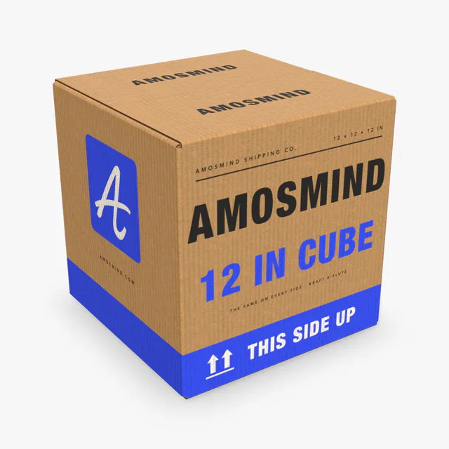 Square shipping box mockup with AmosMind artwork