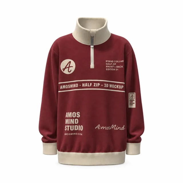 Stand-collar half-zip sweatshirt mockup with AmosMind artwork