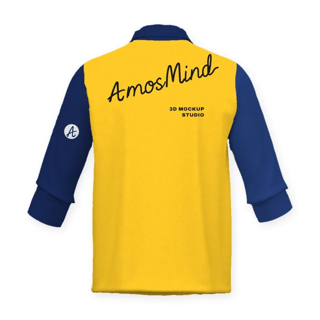 Back of the Stand-collar placket T-shirt with rolled sleeves mockup with AmosMind artwork