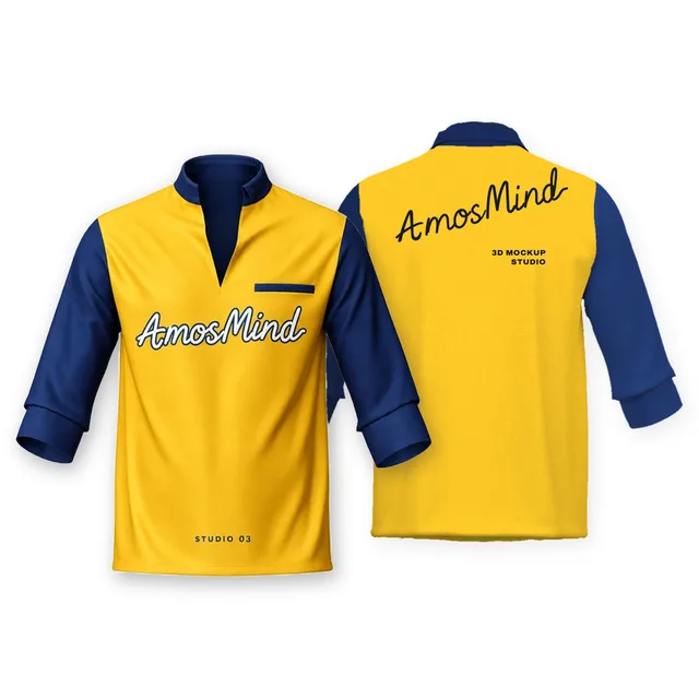 Stand-collar placket T-shirt with rolled sleeves mockup shown front and back with AmosMind artwork