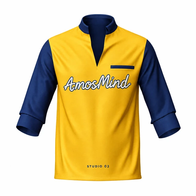 Stand-collar placket T-shirt with rolled sleeves mockup with AmosMind artwork