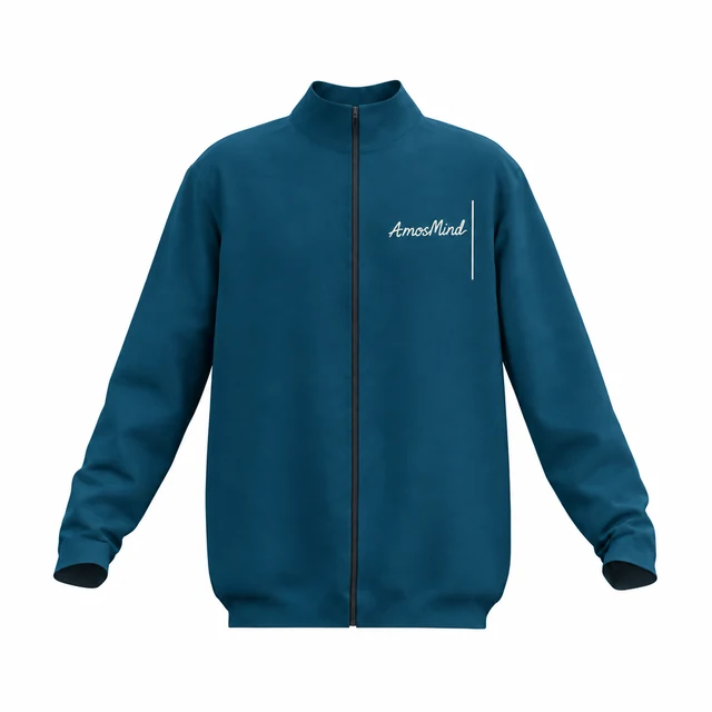 Stand-collar zip jacket mockup with AmosMind artwork