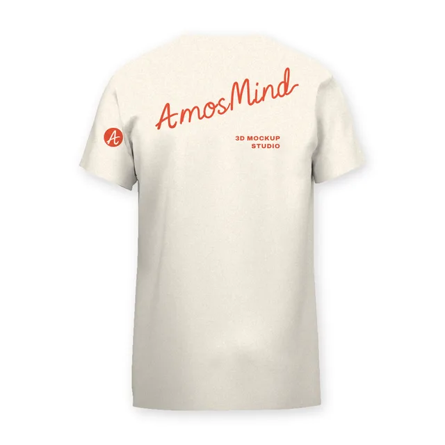 Back of the Standard crew-neck T-shirt mockup with AmosMind artwork