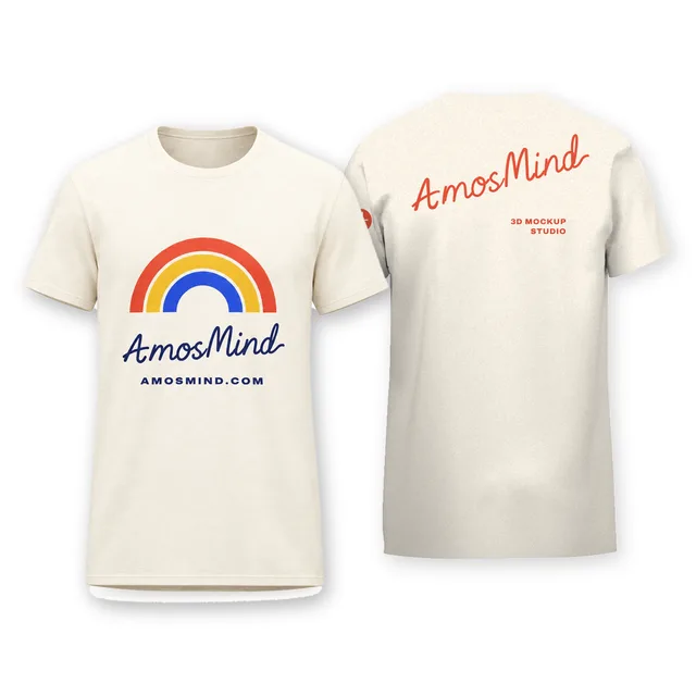 Standard crew-neck T-shirt mockup shown front and back with AmosMind artwork