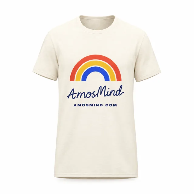Standard crew-neck T-shirt mockup with AmosMind artwork