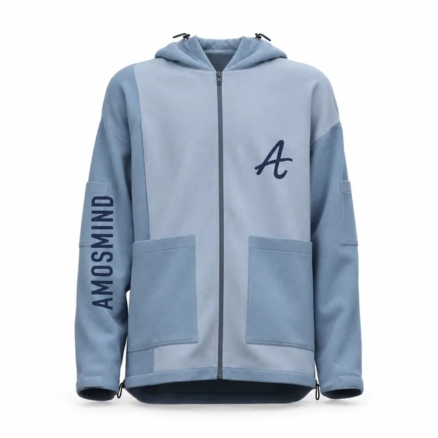 Straight-hem blue zip-up hoodie mockup with AmosMind artwork