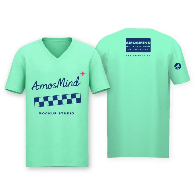 Straight V-neck T-shirt mockup shown front and back with AmosMind artwork