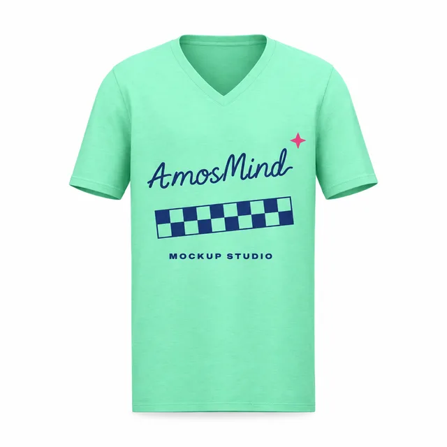 Straight V-neck T-shirt mockup with AmosMind artwork