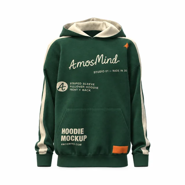 Striped-sleeve hoodie mockup with AmosMind artwork