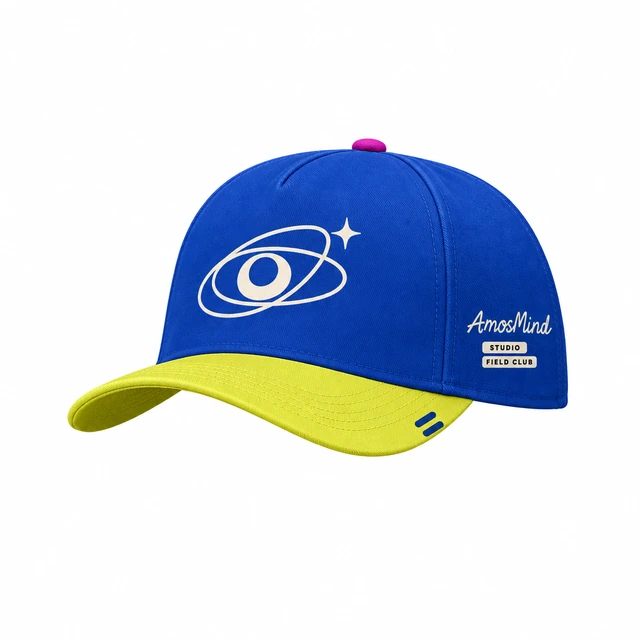 Structured baseball cap mockup with AmosMind artwork
