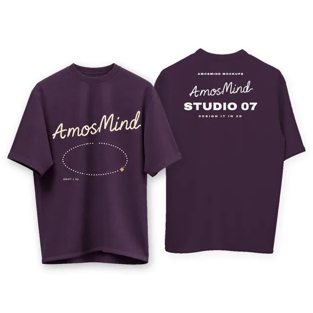 Suspended crew-neck T-shirt mockup shown front and back with AmosMind artwork