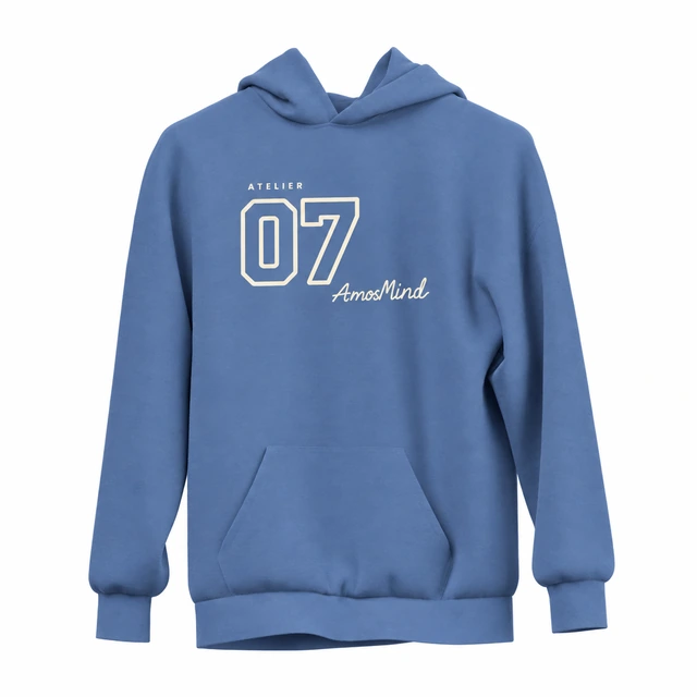 Suspended pullover hoodie mockup with AmosMind artwork