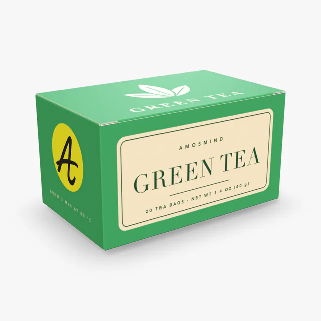 Tea box mockup with AmosMind artwork