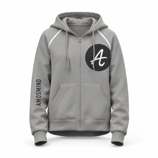 Textured grey zip-up hoodie mockup with AmosMind artwork