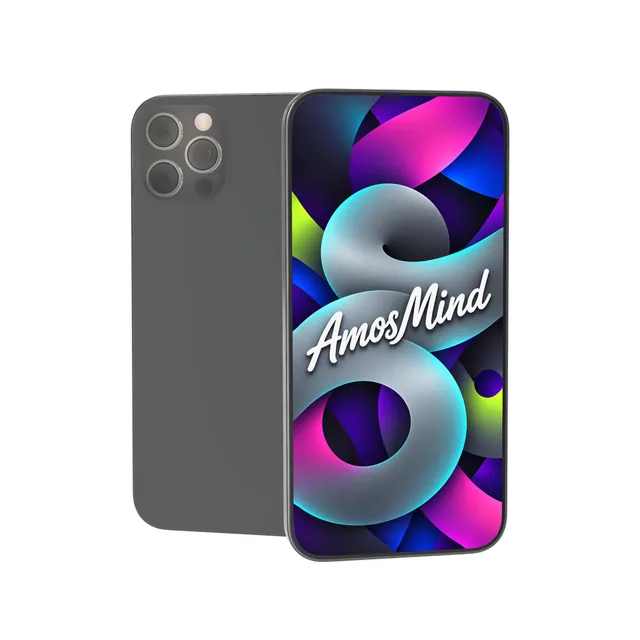 Thin-bezel phone mockup with AmosMind artwork