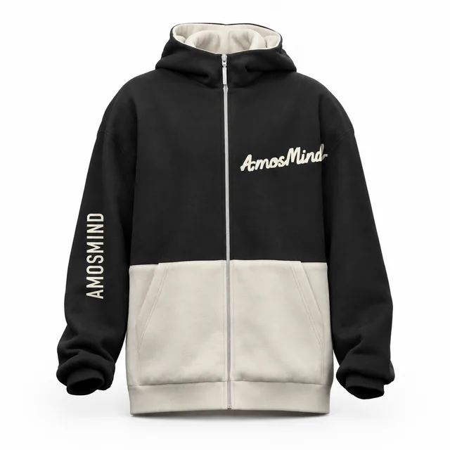 Two-tone black zip-up hoodie mockup with AmosMind artwork