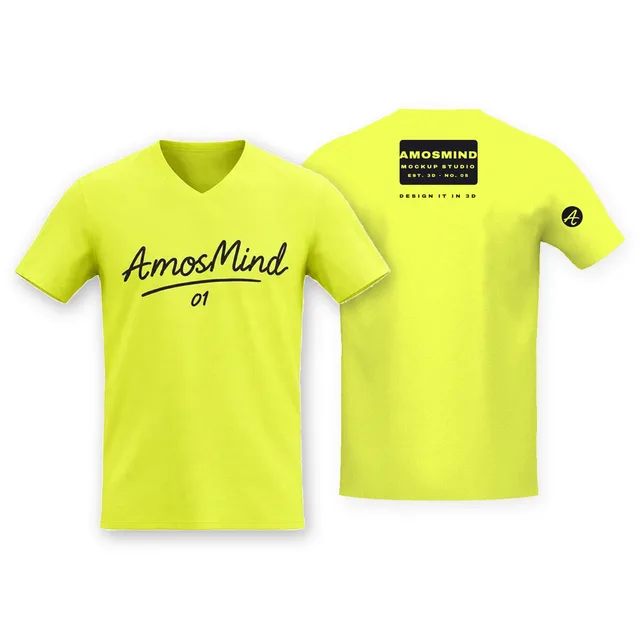 V-neck T-shirt mockup shown front and back with AmosMind artwork