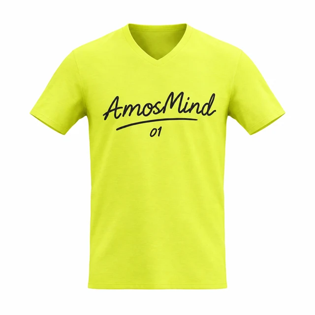 V-neck T-shirt mockup with AmosMind artwork