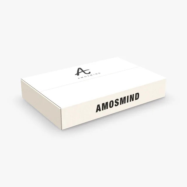 White air-cell one-piece folder box mockup with AmosMind artwork