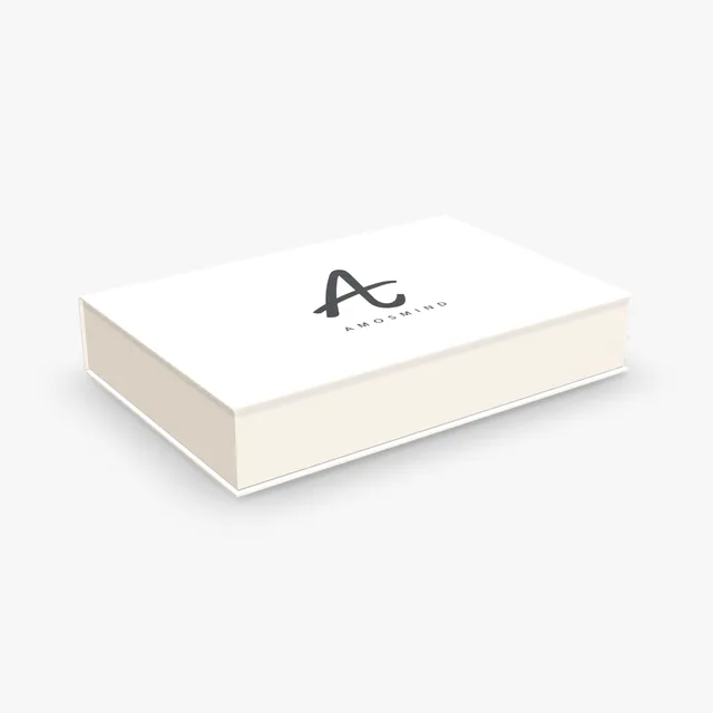 White book-style box mockup with AmosMind artwork