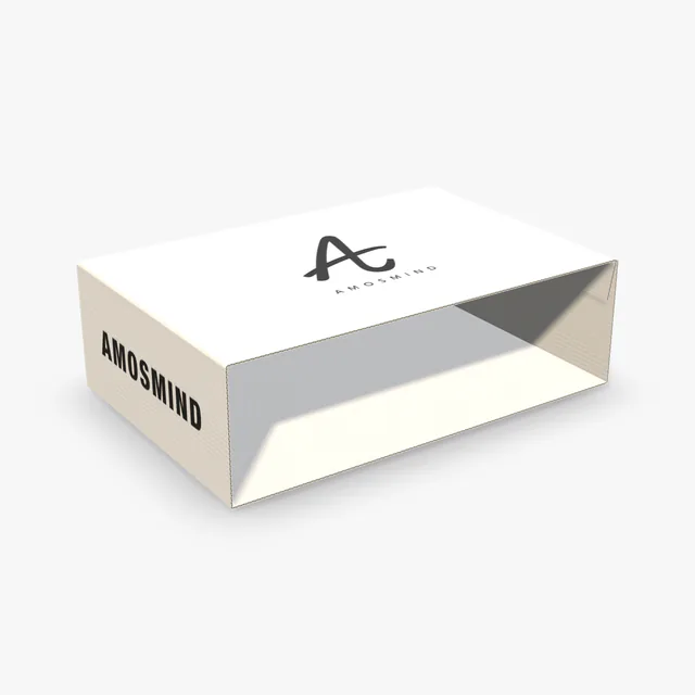 White box sleeve mockup with AmosMind artwork