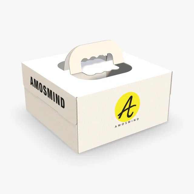 White cake box with handle mockup with AmosMind artwork