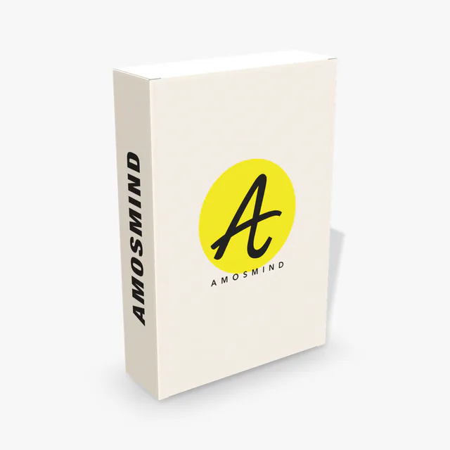 White cereal box mockup with AmosMind artwork