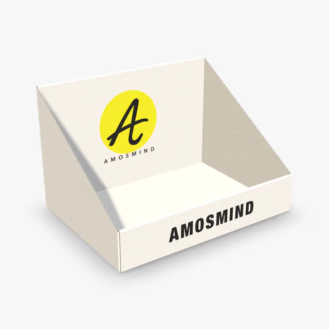 White counter display box mockup with AmosMind artwork