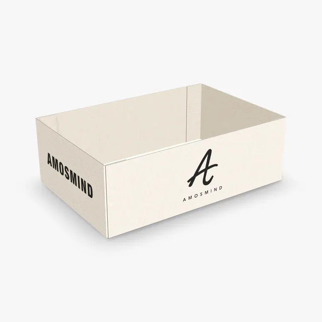 White end-flap tray box mockup with AmosMind artwork