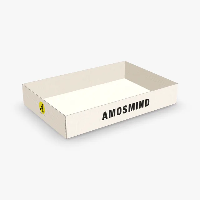 White flapless tray box mockup with AmosMind artwork