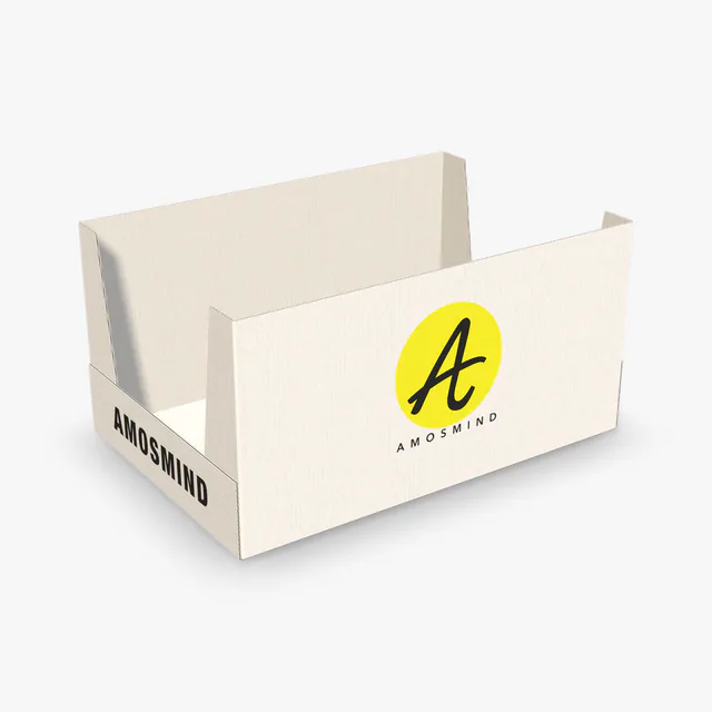 White high-sided tray box mockup with AmosMind artwork